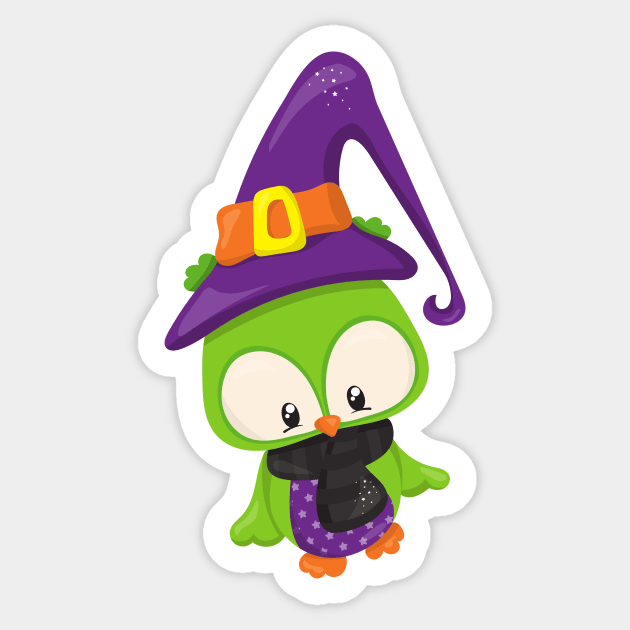 Halloween Owl, Cute Owl, Green Owl, Witch Hat Sticker by Jelena Dunčević